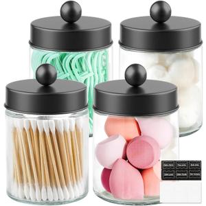 4 Pack Glass Apothecary Jars with Lids for Bathroom, Cute Qtip Holder, Black Bathroom Accessories Set, Small Bathroom Canisters with Lids for Q-Tips, Cotton Swabs, Black Bathhouses Decor