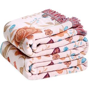 Boho Throw Blanket - 100% Cotton Ultra Soft Muslin Blanket, 60"x80" Lightweight Floral Butterfly Framhouse Bedding Spring Blanket for Bed, All Season Beige Bohemian Bedroom Home Decor Quilt