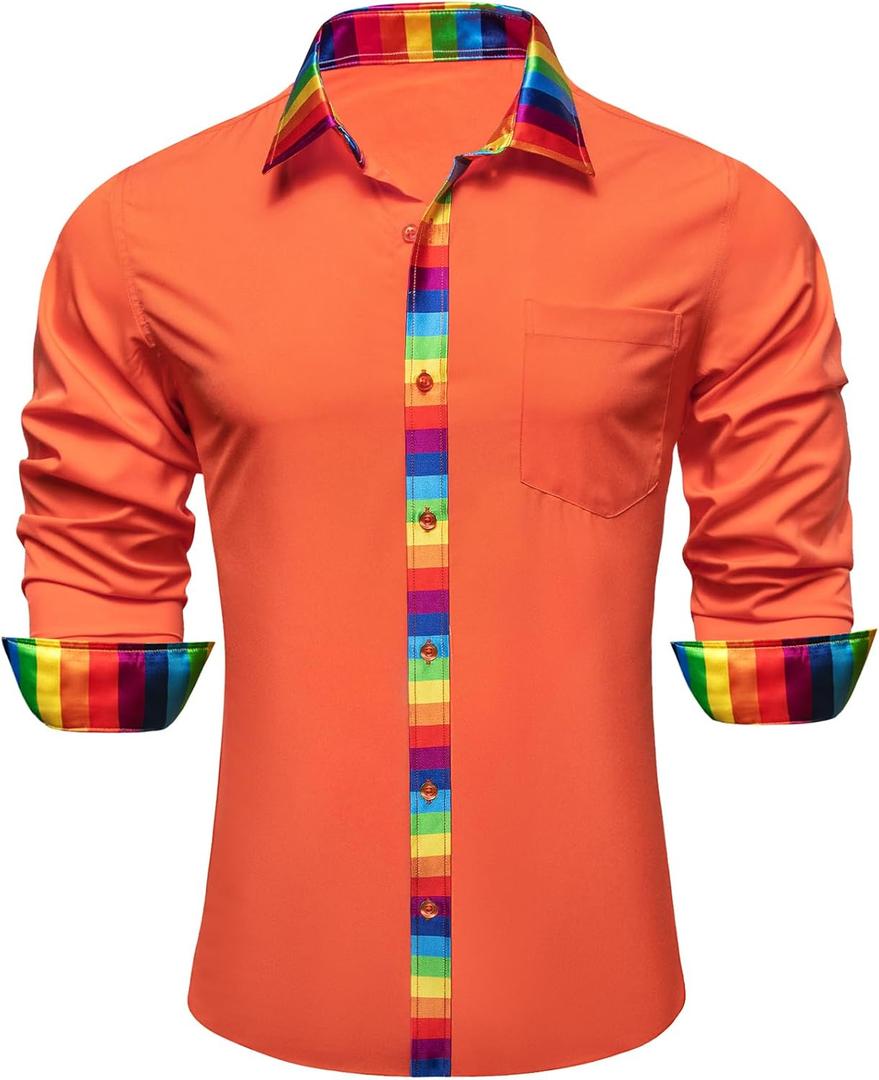 YOHOWA Mens Dress Shirts Business Button Down Long Sleeve Casual Collar Cuff Contrast Formal Shirts Wedding Party Casual Prom (Large, Orange Rainbow Stripe a)