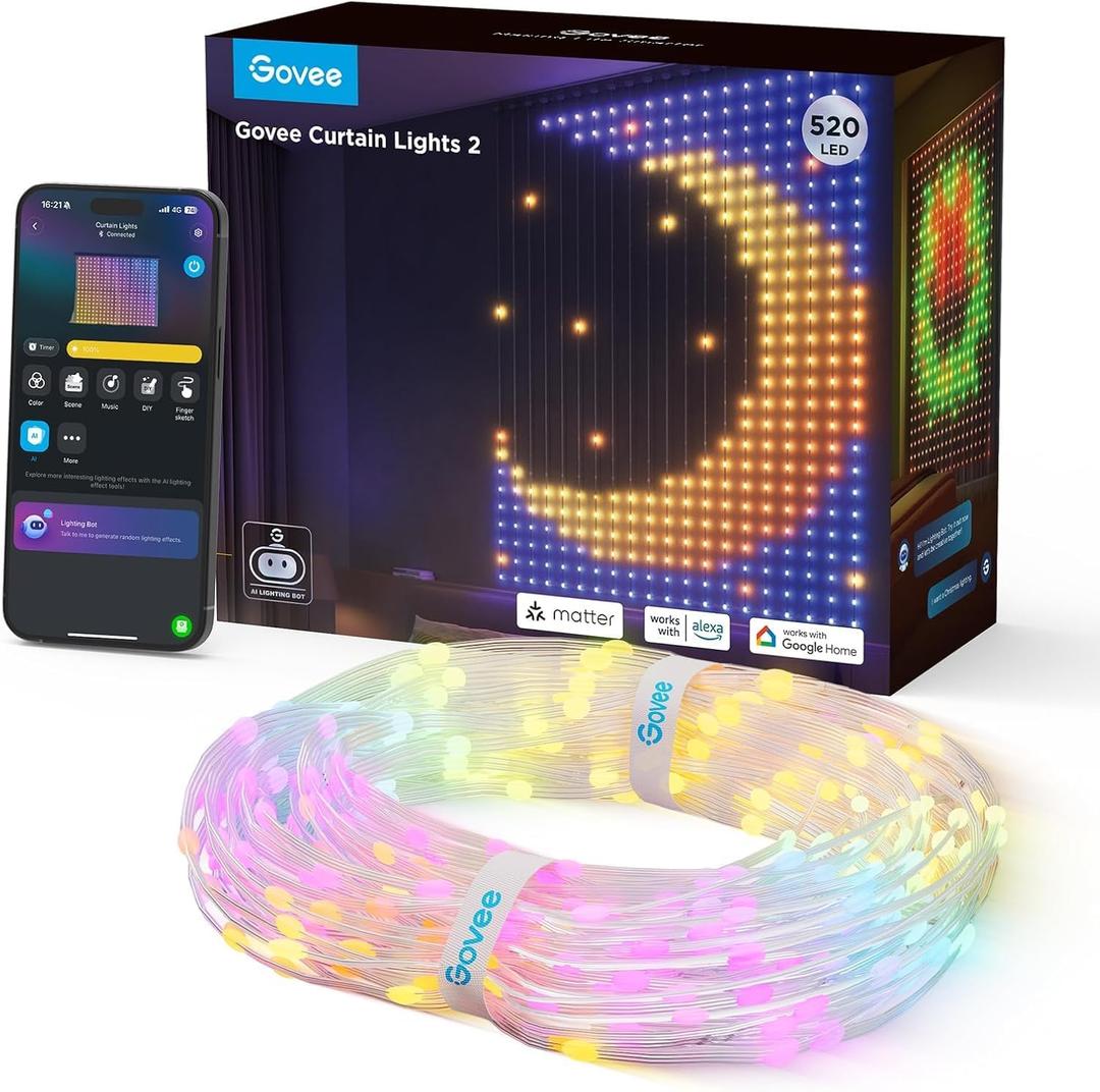 Govee Curtain Lights 2, 520 LEDs, Smart LED Curtain Light with DIY GIF AIGC, Non-Splicable, RGBIC Color Changing Holiday Lights for Indoor Outdoor Bedroom Window Decor, IP65 Waterproof, 4.96.6ft