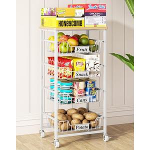 OKZEST 5-Tier Small Kitchen Storage Cart on Wheels with Pull-Out Drawers, Rolling Pantry and Snack Organizer Cart with Wood Top, Kitchen Floor Fruit Basket Stand for Fruit Potato Onion Veggie Snack