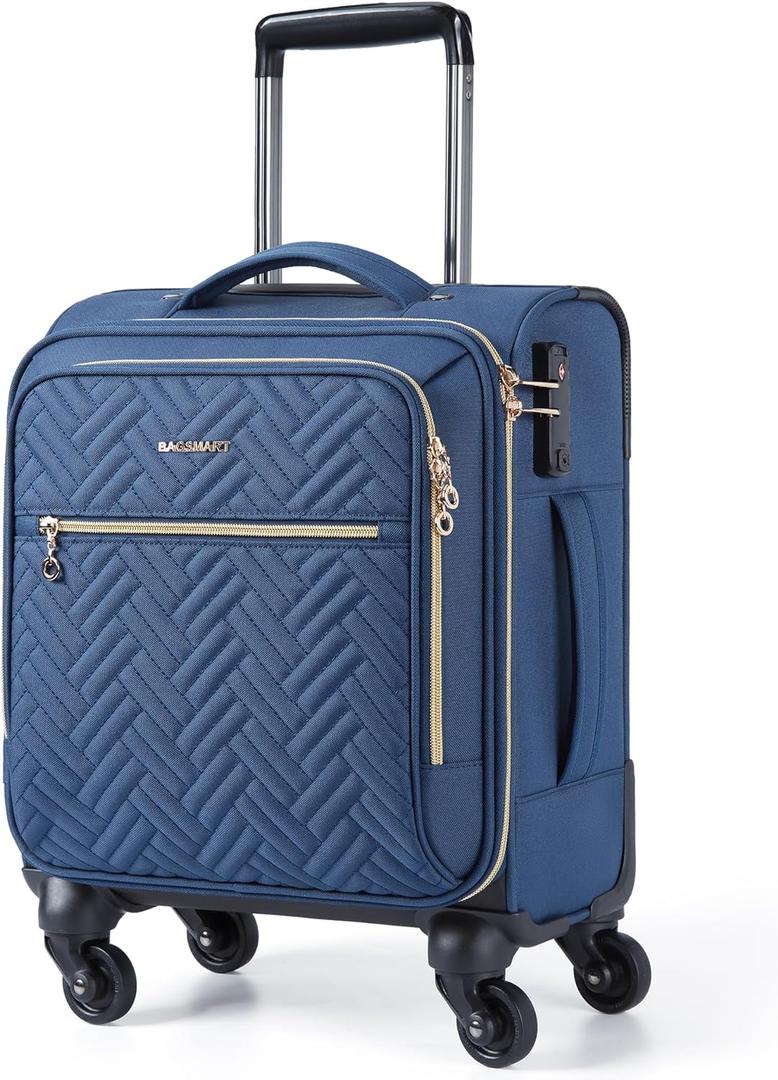 BAGSMART Underseat Carry On luggage Airline Approved, 16-inch Small Softside Underseater Travel Suitcase with Spinner Wheels Overnight Bag Small Rolling Carry-on for Women Men Weekender,Dark Blue