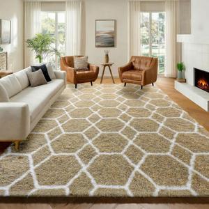 ONASAR 7x9 Area Rugs for Living Room Bedroom, Large Fluffy Beige and White Throw Rug, Geometric Soft Plush Shaggy Indoor Floor Carpet for Nursery Kids Girls Boys Teen Dorm Home Decor Aesthetic