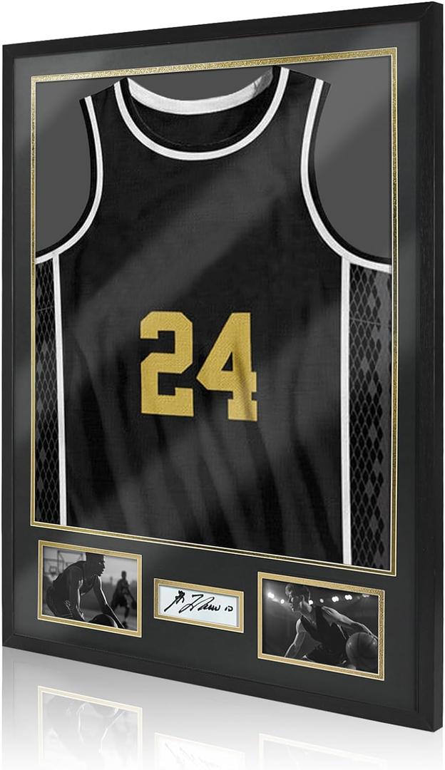Jersey Frame Display Case for Football,Solid Wood Shadow Box with 98% UV Protection Acrylic,Two Photo Frame One Signature for Baseball, Basketball, Hockey, Uniforms - Black Walnut Finish