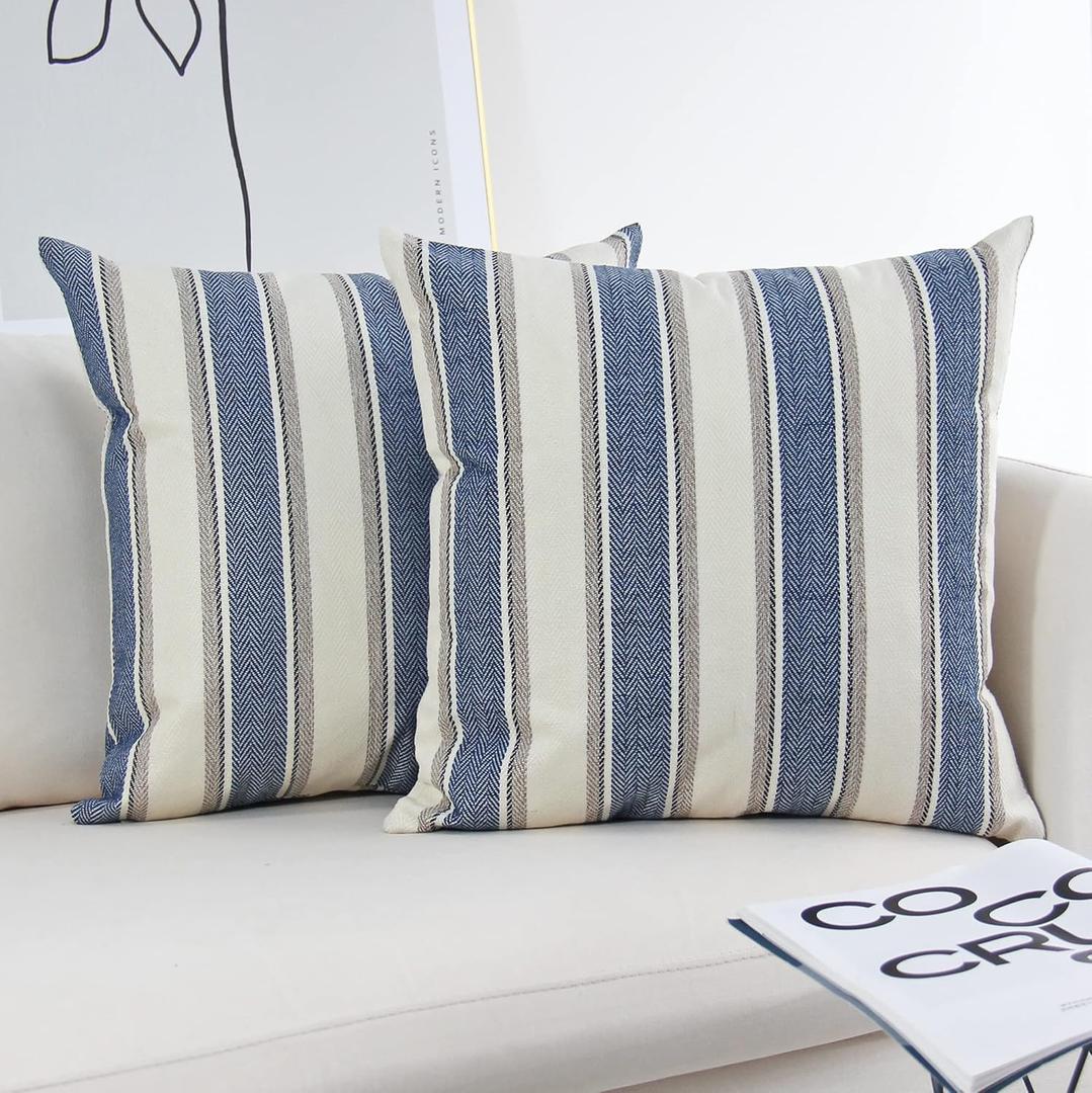 JOJUSIS Stripe Throw Pillow Covers Farmhouse Pillowcases Pack of 2 20 x 20 Inch Blue