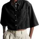 Tankaneo Womens Crop Denim Shirt Half Sleeve Button Down Short Jean Jacket with Pocket Size S