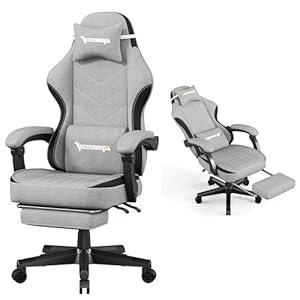 Gaming Chair, Fabric Computer Chair with Pocket Spring Cushion, 400 lb Load Capacity, Ergonomic Office Chair with Footrest, Height Adjustable Video Gamer Chair with Lumbar Support (Grey)