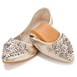 KUNWFNIX Women's Ballet Flats Daisy Wedding Ballerina Shoes Foldable Sparkly Comfort Slip on Flat Shoes