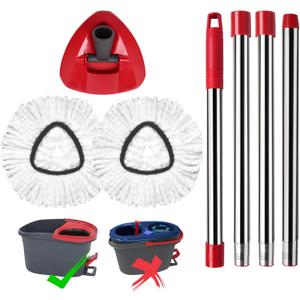 Mop Replace Heads Mop Handle Base Replacement Compatible with O Cedar EasyWring 1-Tank Spin Mops System, 2 Microfiber Mops Head Refills, 4-Section Handle 30-58in and 1 Cover Set (No Bucket)