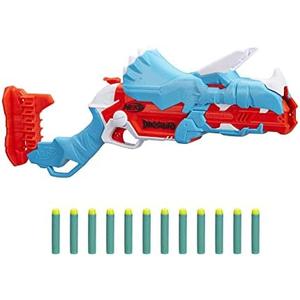 Nerf DinoSquad Tricera-Blast Dart Blaster, 12 Nerf Elite Darts, Kids Outdoor Toys, Dinosaur Toys for 8 Year Old Boys and Girls and Up, Triceratops Design