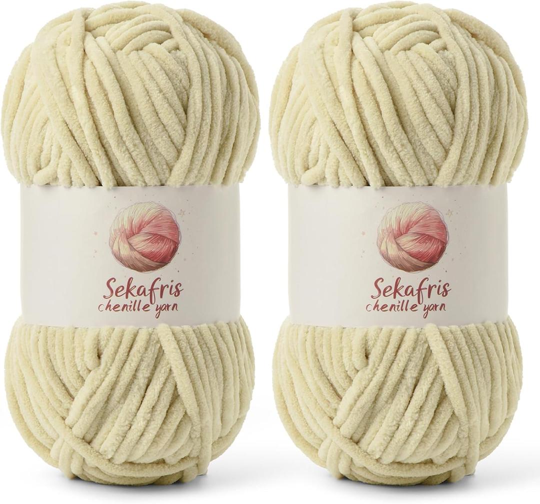 2 Pack Chunky Chenille Yarn for Crocheting, Baby Yarn for Crocheting Soft Blanket, 174.9 yds /7 oz Crochet Yarn, Bulky 5 Amigurumi Yarns, Fluffy Velvet Yarns for Knitting Crafts (2 Beige)
