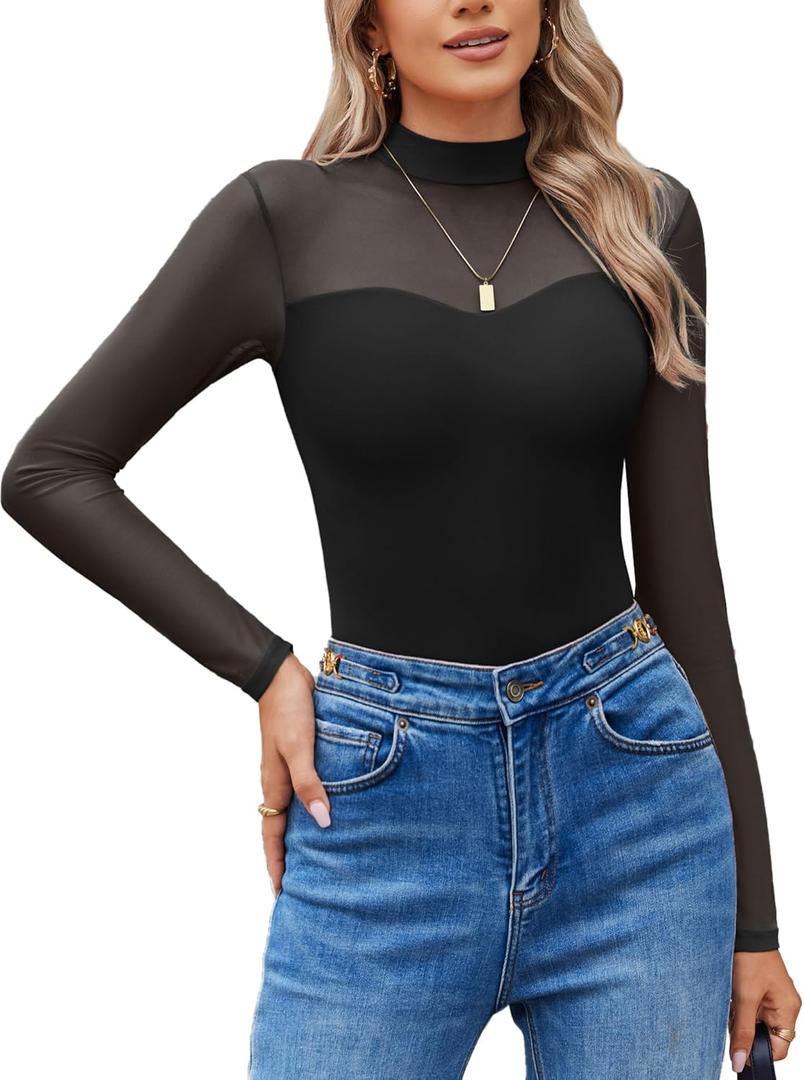 Avidlove Long Sleeve Bodysuits for Women Mock Neck Sheer Mesh Sleeve Bodysuit Double Lined Leotards Shirt Going Out Top (X-Large, Black)