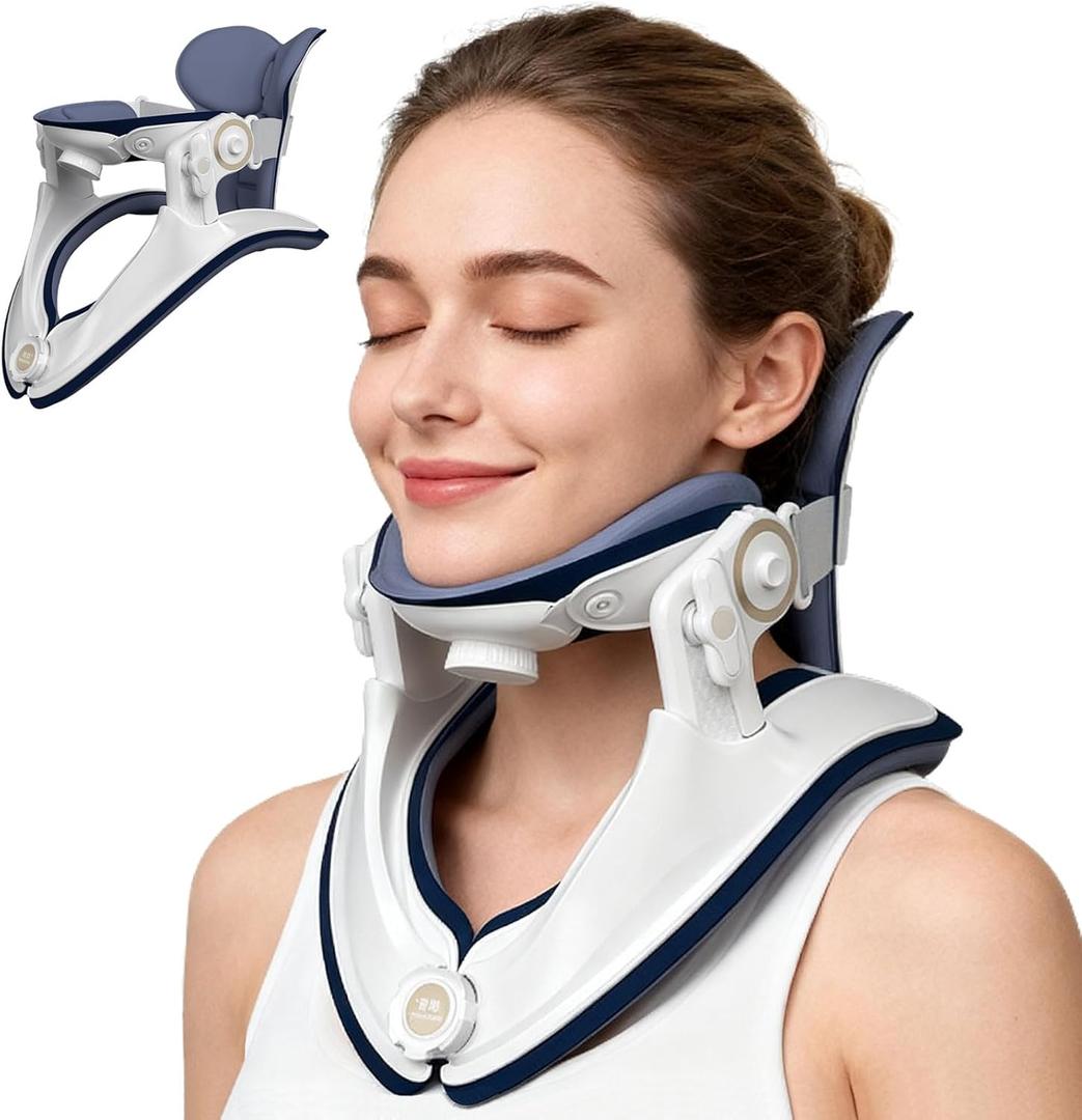 Cervical Traction Device, Adjustable Neck Stretcher for Pain Relief, Lightweight Neck Support Brace for Cervical Spine Decompression, Ergonomic Design for Home, Office & Travel Use (White Blue)