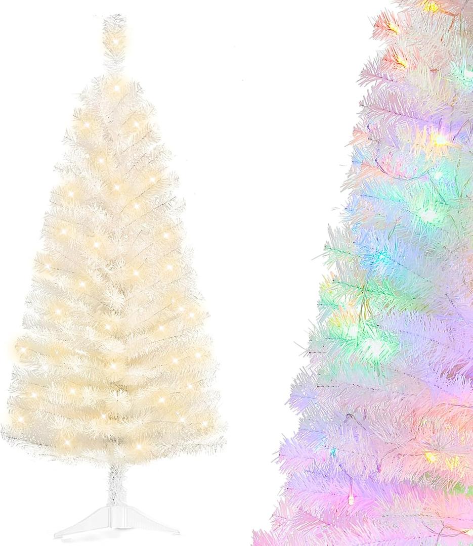 Pre-Lit Artificial Christmas Tree, Warm White Lights, Colorful Lights, Includes Stand, 4 feet (White)