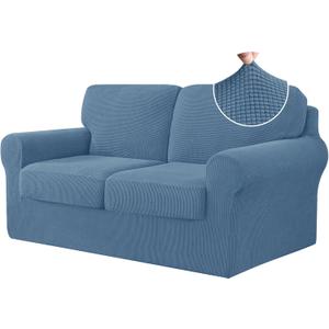 CHUN YI 5 Piece Stretch Loveseat Sofa Cover, 2 Seater Couch Slipcover with Two Separate Backrests and Cushions with Elastic Band, Checks Spandex Jacquard Fabric(Medium,Denim Blue)