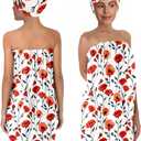 Red Poppy Bath Wrap Set with Hair Turban, Floral Pattern Absorbent Quick-Dry, Spa Towel Wrap, Towel Robe for Women