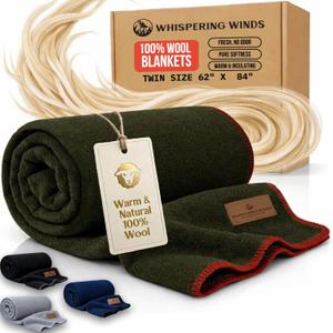 100% Wool Blanket - Premium Ultra-Soft & Warm, Twin 62"x 84" Large Size Blanket for Couch, Bed, Home, Camping & Outdoors (Military Green)