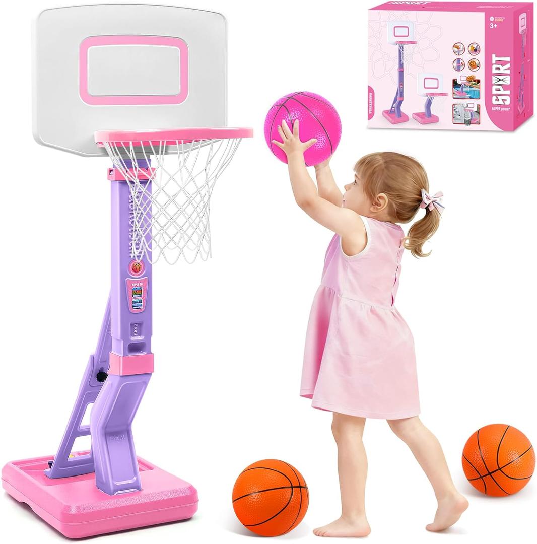 Toddler Basketball Hoop Indoor Outdoor - Height Adjustable 27.6-54 Inches (5 Slots), Kids Basketball Hoop with 4 Inflatable Balls & Pump, Safe Toddler Toys for 1-6 Year Old Boys Girls, Pink