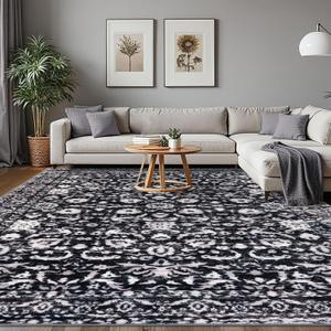 8x10 Area Rugs for Living Room, Black and White Vintage Floral Washable Large Area Rug, Boho Non-Slip Foldable Rugs Accent Super Soft Thin Printed Faux Wool Indoor Rug for Bedroom Dining Room