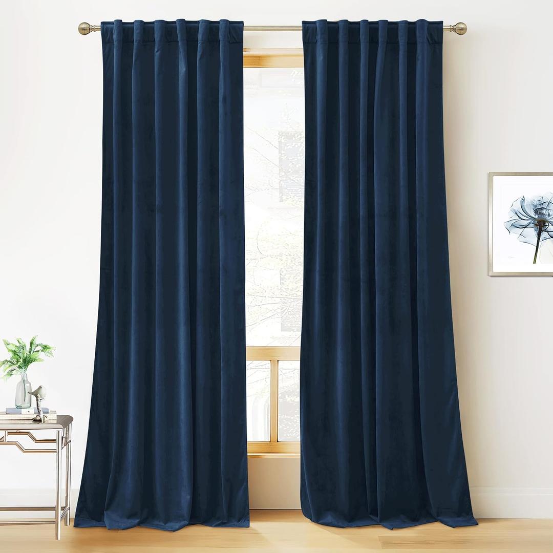 RYB HOME Velvet Curtains 96 inches - Blackout Curtains for Living Room,Thermal Insulated Noise Reducing Panels Luxury Vertical Sense Window Decor for Party Backdrops, Navy Blue, W52 x L96, 2 Panels