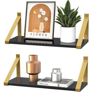 Gold Black Floating Shelves Wall Mounted Set of 2, 8mm Transparent Acrylic, Invisible Wall Shelves for Bedroom, Living Room, Bathroom, Kitchen, Office Display Decor (13 In)