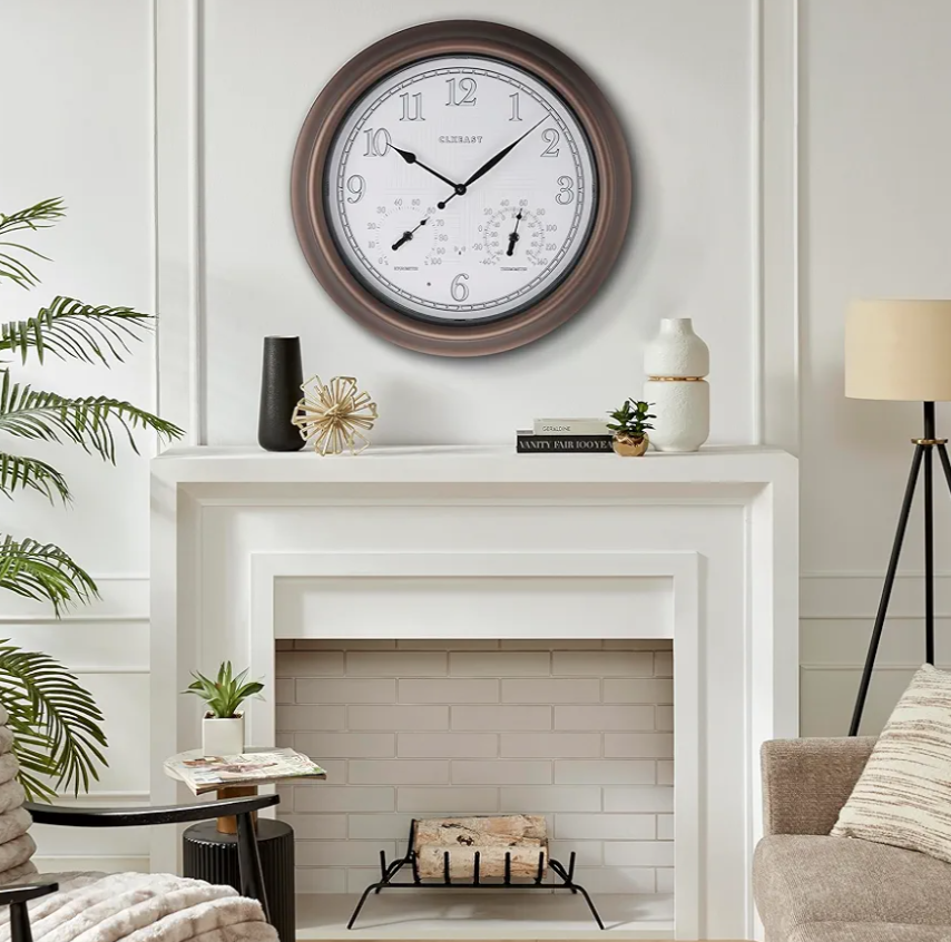 CLXEAST 18 Inch Illuminated Outdoor Indoor Atomic Analog Wall Clock with Temperature & Humidity, Lighted Outdoor Clocks for Patio Large Waterproof with Thermometer,Bronze Finish,House Warming Gifts