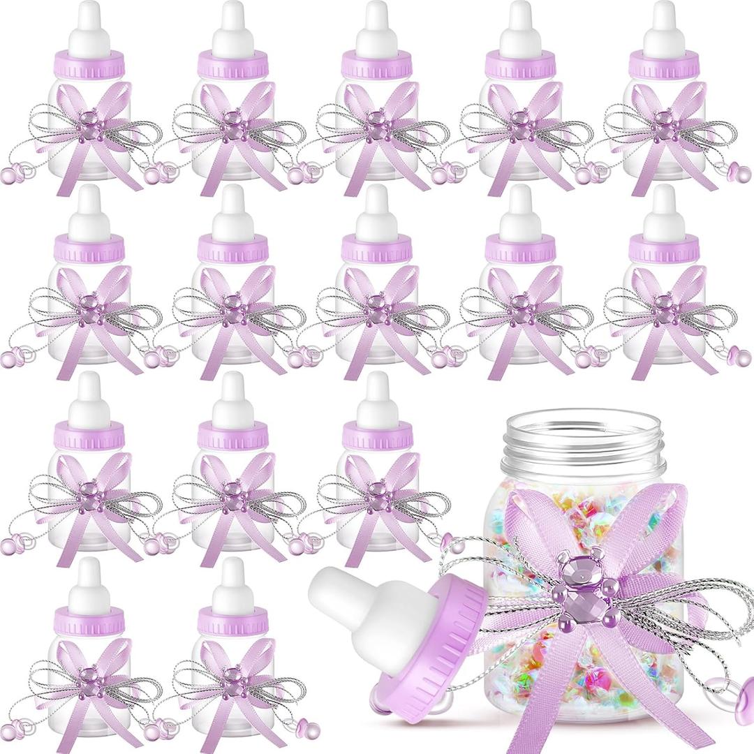 Nuenen 48 Pcs Baby Shower Bottles Mini Milk Bottle Plastic Bear Candy Bottles with Ribbon Baby Shower Wedding Gift for Guest(Purple)