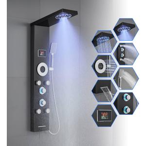 ROVOGO No Battery Needed Shower Panel System with Led Lights, MIST & RAIN Shower, 5 Body Jets, Handheld, Tub Spout and Temperature Display, Water Powered Led Shower Tower Column Stainless Steel, Black