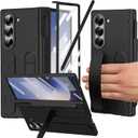 for Samsung Galaxy Z Fold 6 Case with Finger Strap, [Includes S Pen Holder & Stylus] Z Fold 6 Hand Strap Case Full Coverage Screen Protector Hinge Protection Wristband Cover for Z Fold 6 Black