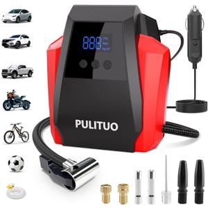 PULITUO Tire Inflator Portable Air Compressor - Car Accessories 12V DC Air Pump for Car Tires with Digital Pressure Gauge, Emergency LED Light for Car, Bike, Ball, Motor (Red)