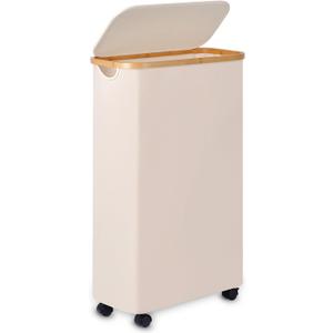 Slim Laundry Basket with Wheels,Narrow Hampers for Laundry,Freestanding Laundry Hamper with Lid&Bamboo Handles,Collapsible & Waterproof Tall Cloth Hamper for Dorm Family(60L Beige)