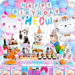 183 PCS Cat Birthday Party Decorations, Cat Themed Party Decorations Includes Balloons, Backdrop, Happy Birthday Banner, Tablecloth, Plates, Cups, Napkins, Cake Toppers for Girls Boys
