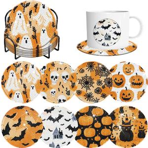8 Pieces Halloween Diamond Art Coasters with Holder DIY Halloween Diamond Dot Coasters 5d Full Drill Diamond Coasters for Adults Halloween Diamond Painting Kits Supplies for Gift