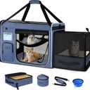 Petskd Side Expandable Extra Large Cat Carrier with Litter Box Area for Long Distance Car Travel,24"x17"x17" Collapsible Soft-Sided Large Pet Carrier with Zipper Locks for 2 Cats Under 55LBS(Blue)