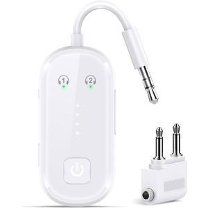 Premium Bluetooth 6.0 Transmitter Receiver, Airplane Adapter for All Airpods,2 Headphones Support, Wireless Transmitter for TV/Travel Flight, Bluetooth Receiver for Car/Home Stereo (White)