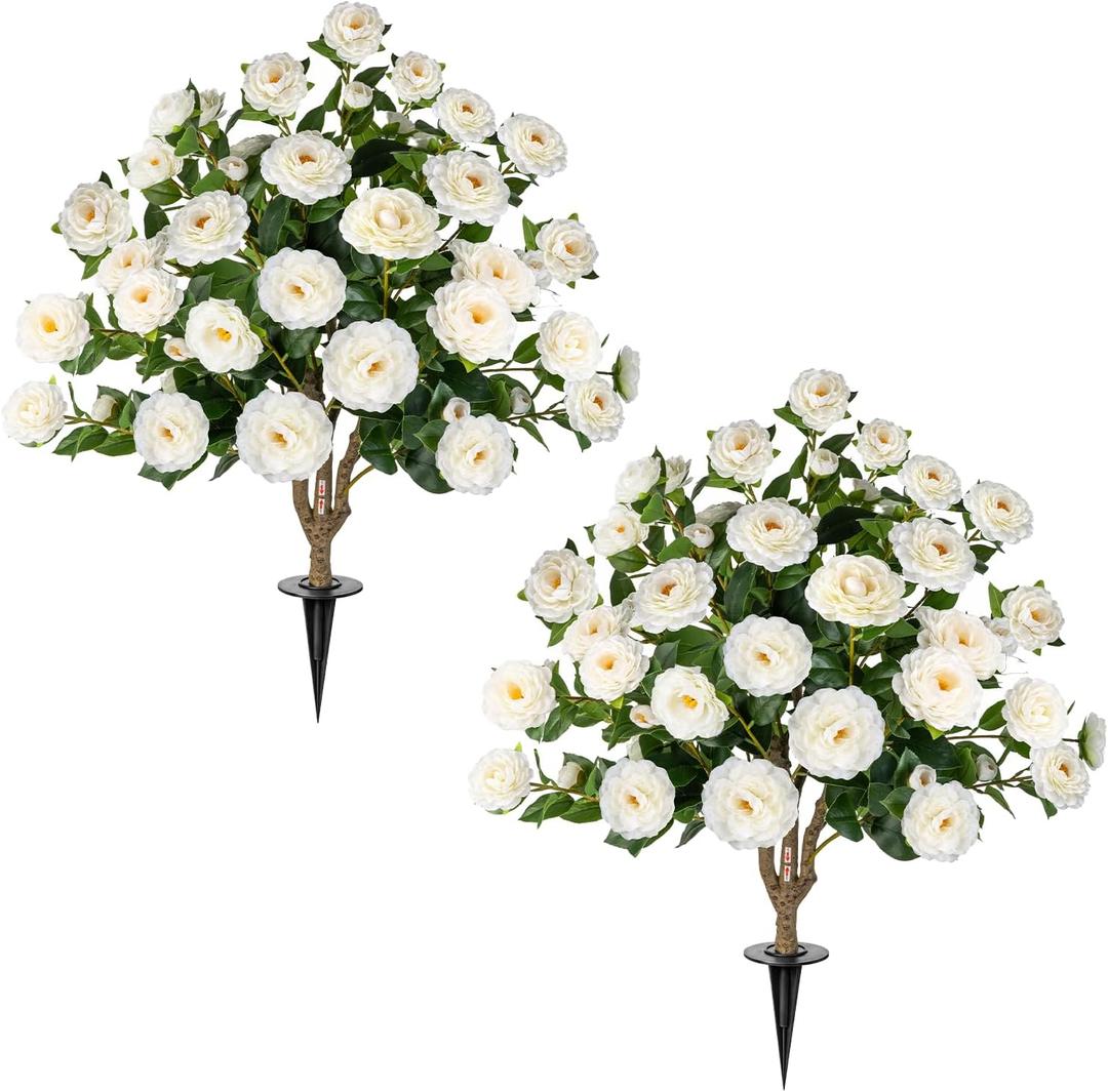 2 Pack 3FT Artificial Camellia Tree with Ground Spike, Full Bloom Fake Camellia Plant Outdoor, Dense Flower Artificial Trees for Front Porch Decor, Patio Garden Yard Decorations, White