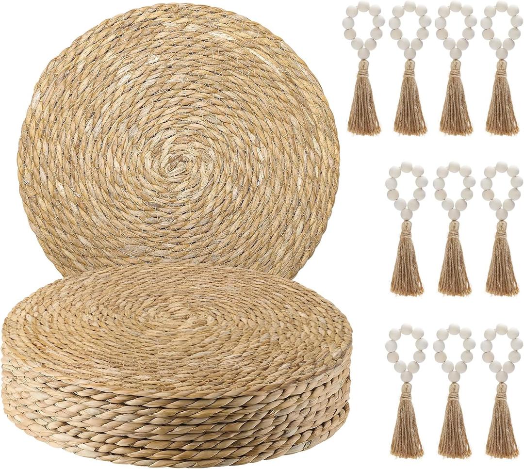 Boho Woven Placemats Set of 10 with Wooden Napkin Rings, Round Charger Plates, Natural Ranttan Dinner Place Mats for Dining Table Decor - 13.8 inch