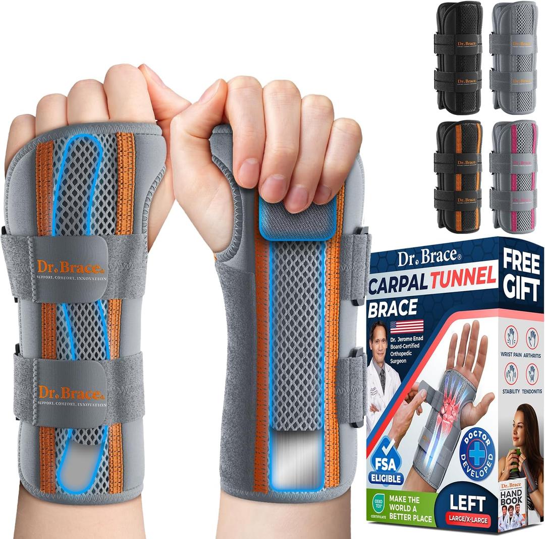 DR. BRACE Adjustable Wrist Brace Night Support for Carpal Tunnel, Doctor Developed, Upgraded with Double Splint & Therapeutic Cushion,Hand Brace for Pain Relief,Injuries,Sprains (L/XL Left Hand, Grey-Orange)