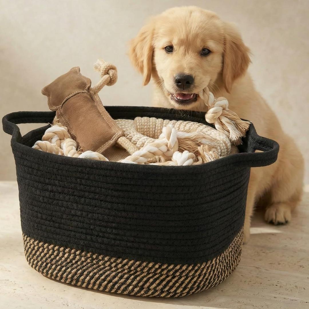 Stylish Cotton Rope Storage Basket For Dog Toys, Magazines or Books - The Perfect Woven Bin with Handles For Everyday Organization Reduces Clutter in Your Rooms - A Decorative Gift & Storage Box