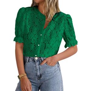 PRETTYGARDEN Womens 2026 Spring Lace Tops Short Puff Sleeve Casual Dressy Blouses Eyelet Crew Neck Button Down Shirts (Green, M)
