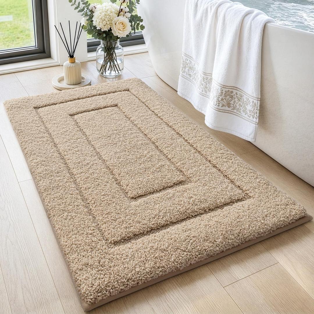 DEXI Bathroom Rugs 32x20, Non-Slip and Absorbent Bath Mat, Beige | Machine Washable, Soft Plush Microfiber Bathmat with Rubber Back, Quick Dry Rug for Shower, Tub, Sink