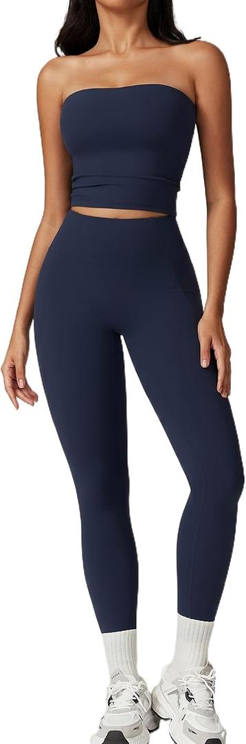 Workout Sets for Women 2 Piece High Waist Leggings Stretchy Backless Sports Bra Gym Yoga Outfits Athletic Clothes (Large, Dark Blue)