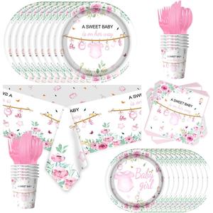 Baby Shower Party Tableware Set, Cute Baby Girl Birthday Party Decorations with Pink Flower Theme Plates, Napkin, Cups, Forks, straws for Girl Baby Shower Gender Reveal Party Supplies
