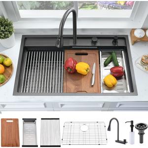 33 Inch Black Waterfall Drop In Kitchen Sink Workstation -Bokaiya 33x19 Black Stainless Steel Smart Sink with Faucet Combo 16 Gauge 10" Deep Top Mount Single Bowl Modern Kitchen Sink