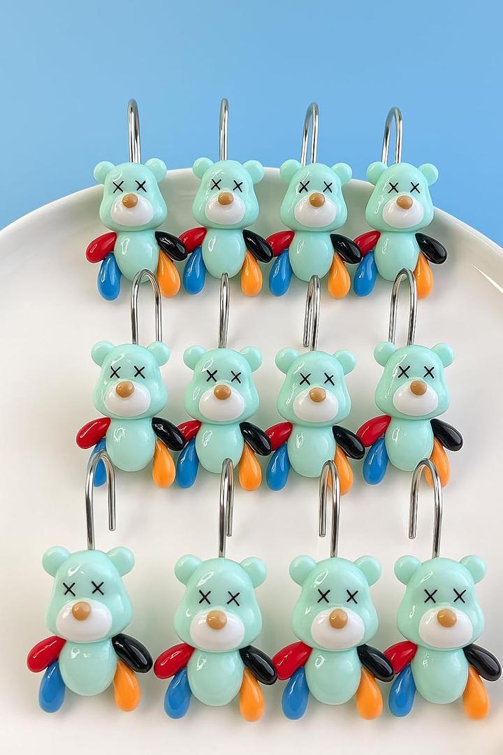 Blue Bear Shower Curtain Hooks Set of 12, Cute Resin Animal Design with Colorful Arms for Kids Bathroom, Decorative Cartoon Shower Curtain Rings for Boys or Family Bath Decor