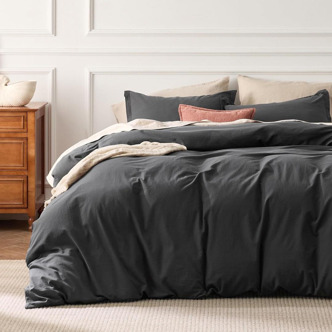 Bedsure 100% Washed Cotton Duvet Cover Oversized King - Charcoal Minimalist Bedding Set Linen Like - PureWoven Plain Simple & Soft Comforter Cover for All Seasons (Charcoal, Oversized King, 120"x98")