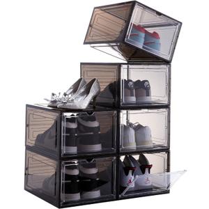 Attelite Shoe Box,Set of 6,Stackable Plastic Clear Shoe Box Organizer with Magnetic Door,Shoe Storage Box Thicken Sturdy,Easy Assembly,Fit up to US Size 12,Black (XL-6-pcs, Clear Black)