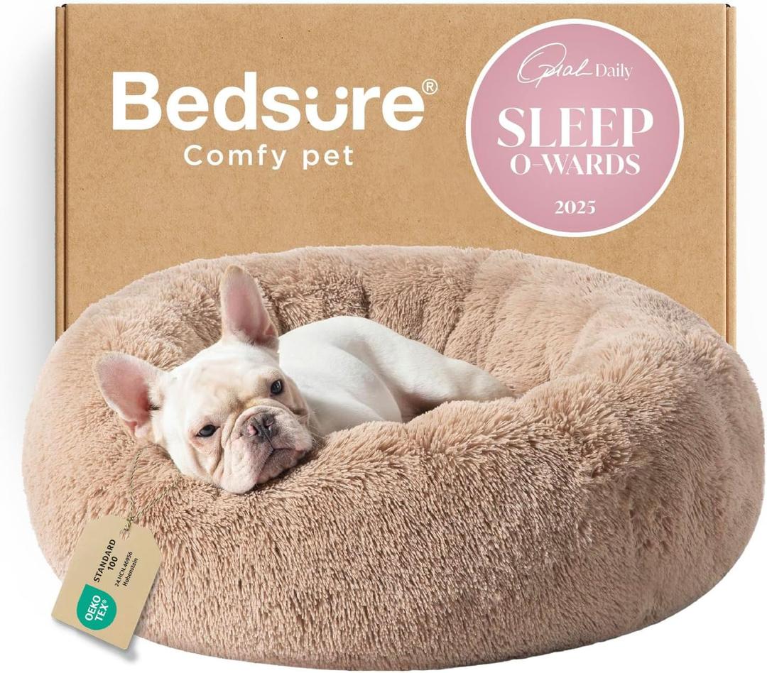 Bedsure Calming Dog Bed Medium Size Dog - Donut Washable Medium Pet Bed, 30 inches Anti-Slip Round Fluffy Plush Faux Fur Cat Bed, Fits up to 45 lbs Pets, Camel