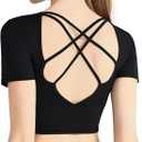 Ama Larsi Crisscross Back Workout Crop Tops for Women Short Sleeve Yoga Slim Fit Athletic Shirts with Built in Bra (Medium, Black)