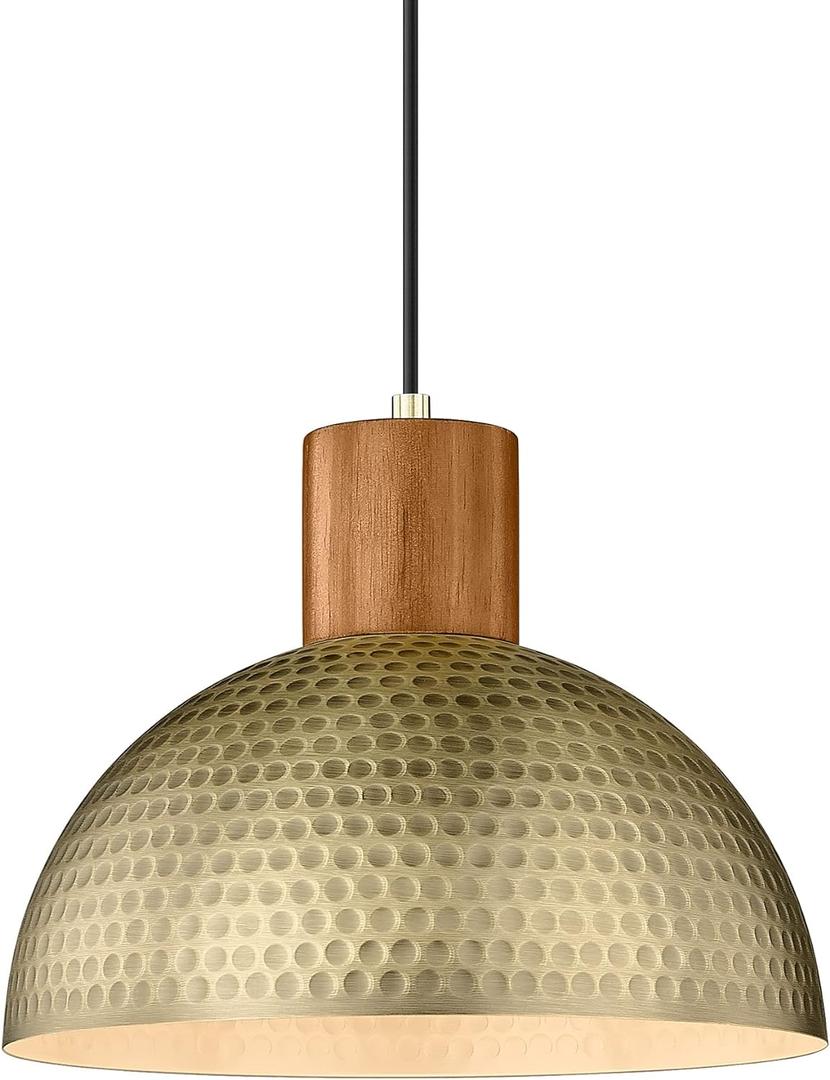 ELYONA Vintage Pendant Light Fixtures, 12” Brushed Brass Hammered Metal & Rubber Wood Industrial Dome Hanging Lamp, Antique Gold Kitchen Pendant Light for Island, Farmhouse, Sink, Dining Room, Hallway